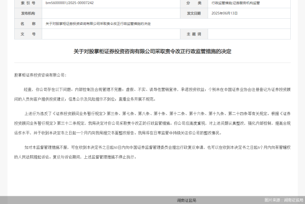 配资官方网站 因内控及合规管理不完善等问题，股掌柜证券投资咨询被监管责令改正